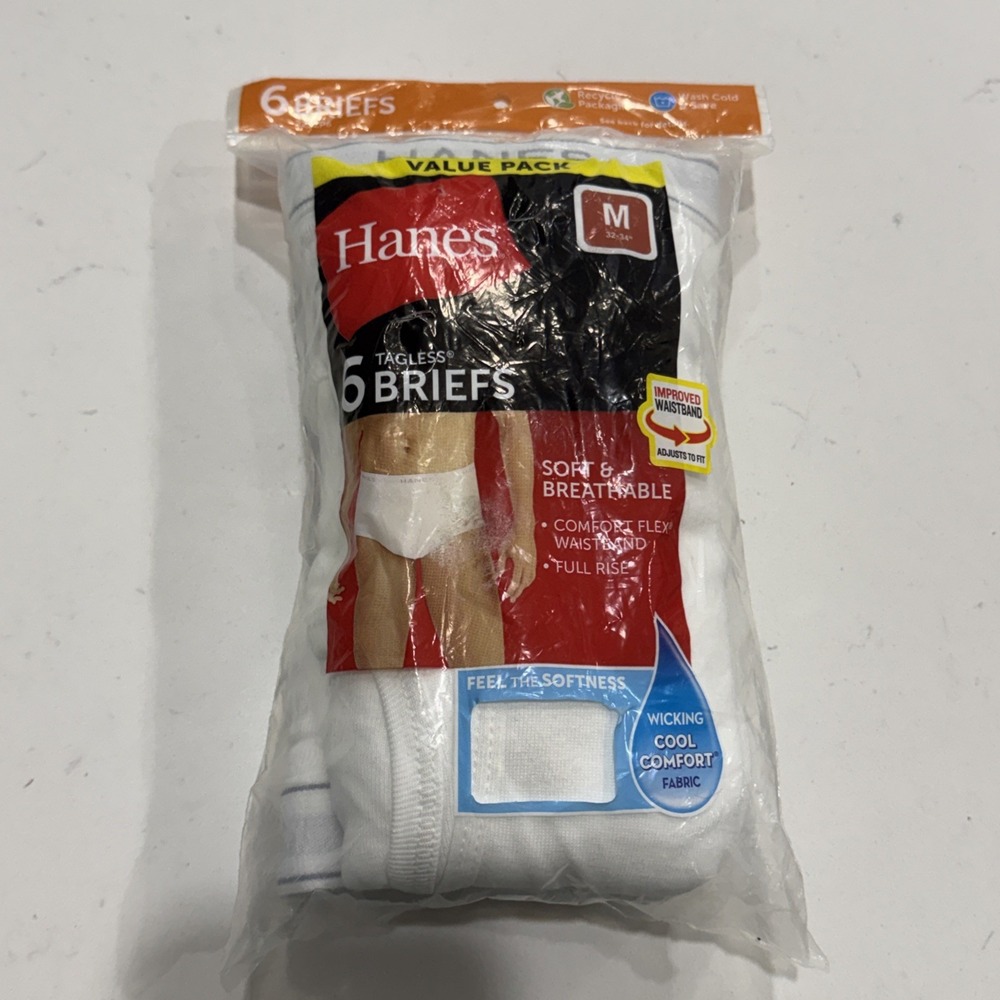 Hanes Men's Tagless Briefs 6-Pack White Cotton Cool Comfort Full Rise M Vietnam
